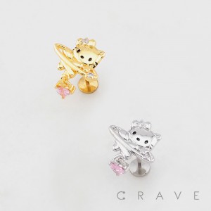 CUTTIE KITTY CAT FACE PLANET HEART DANGLE CZ THREADLESS (PUSH IN) 316L SURGICAL STEEL LABRET SET